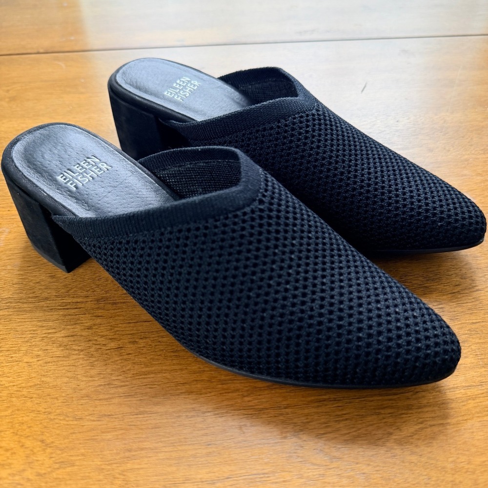 Eileen Fisher Betsy‎ Mules Shoes Black Knit Mesh Block Heel Women's Size 5.5